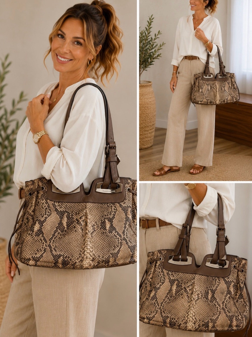 Francesco Biasia Brown Snake-Print Shoulder Bag